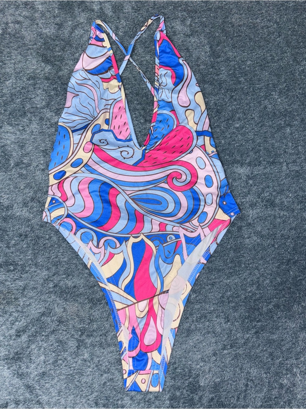 Deep V Open Back Multicolored Geometric Print Bodysuit Size XL
